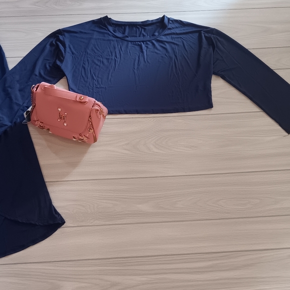 Plus Size Women Solid Color Off-Shoulder Long Sleeve Blouse And Slit Pants Set - Picture 9 of 15